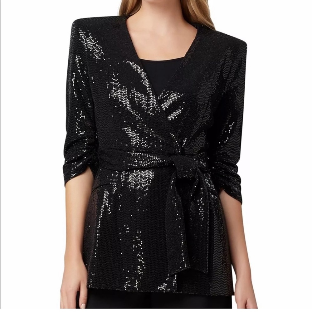 Tahari Black Sequin Wrap Blazer